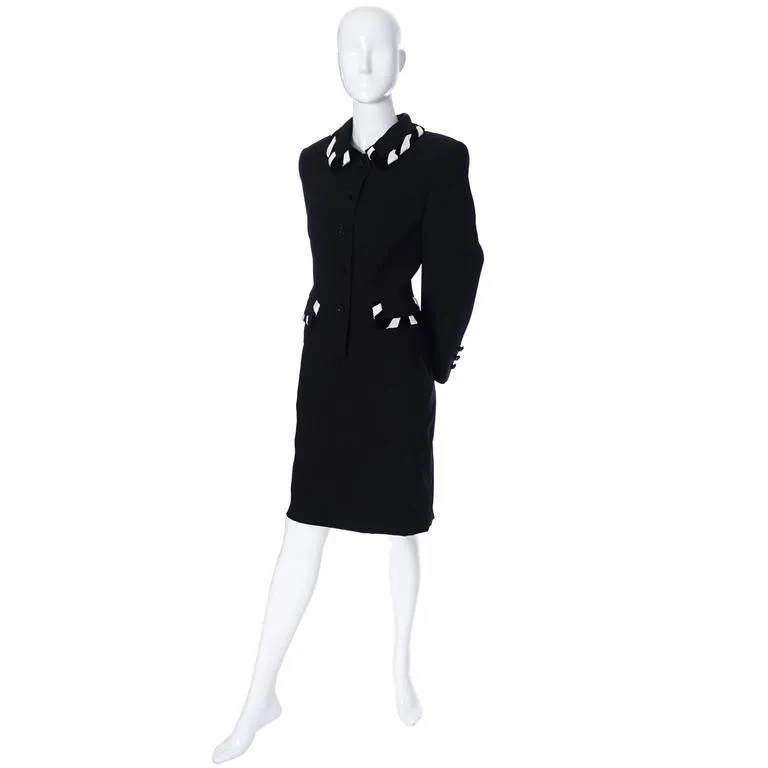 1990's Escada Couture Vintage Skirt Suit Black Wool Crepe Velvet Silk 38 Germany