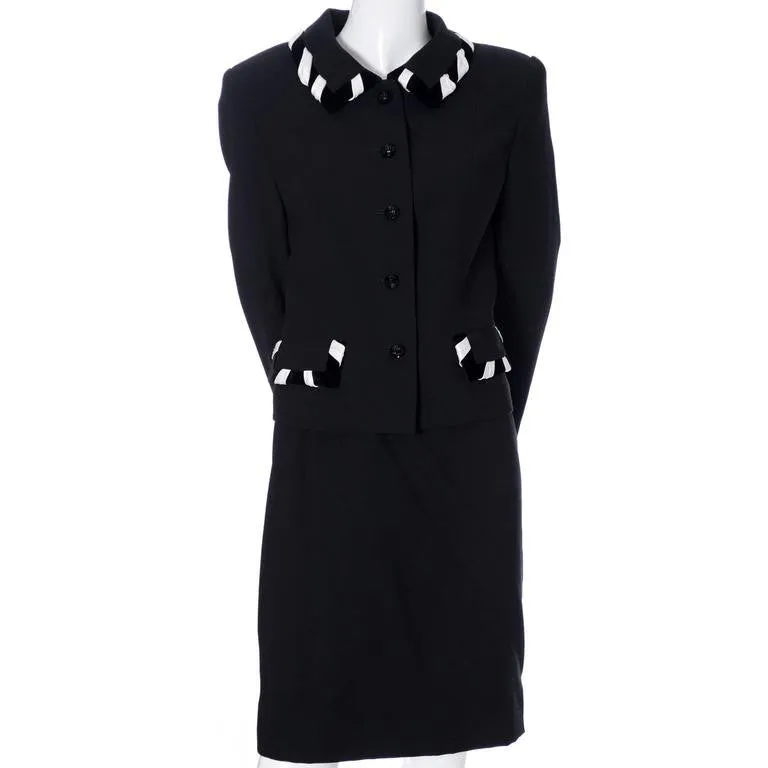 1990's Escada Couture Vintage Skirt Suit Black Wool Crepe Velvet Silk 38 Germany
