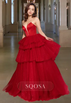 Deep V-Neck Off-Shoulder Sleeveless Pleated Sequined Glitter-Knit Tiered Prom Dress