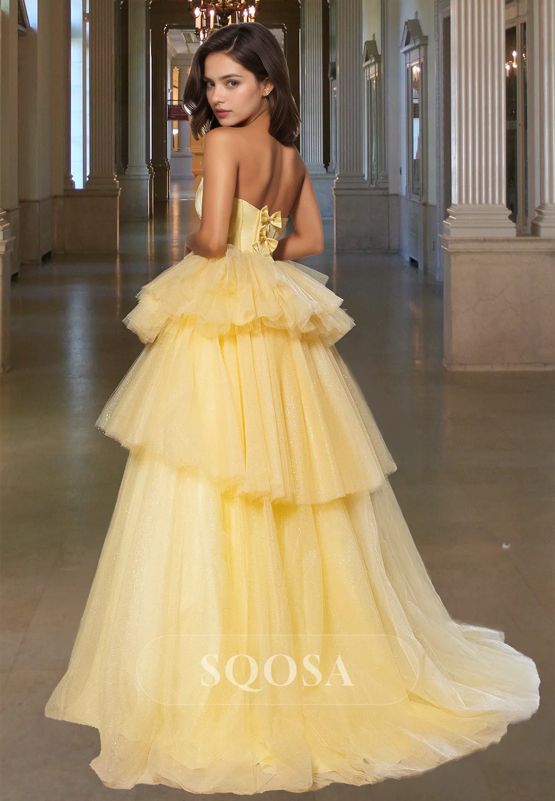 Deep V-Neck Off-Shoulder Sleeveless Pleated Sequined Glitter-Knit Tiered Prom Dress