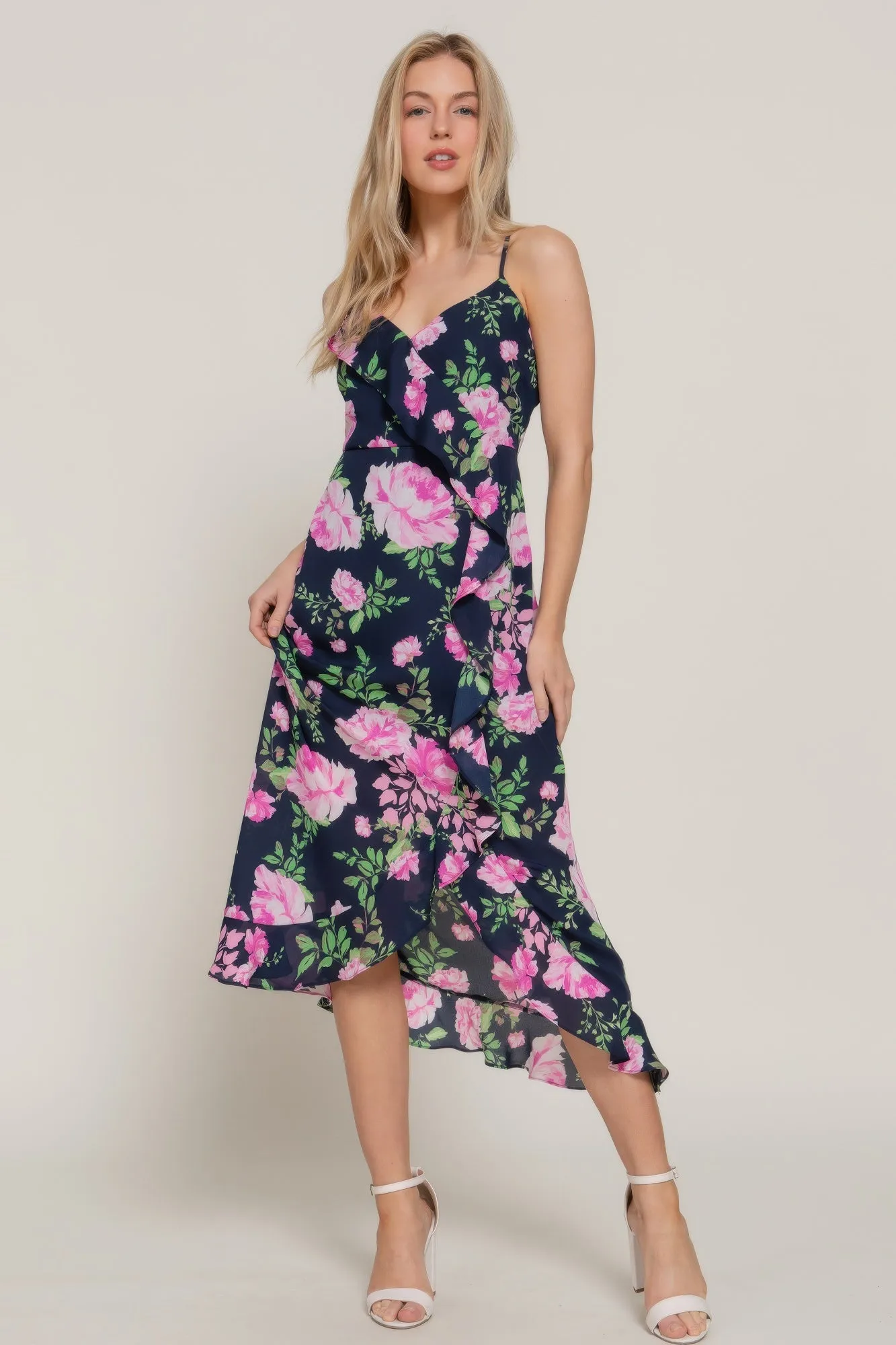Floral Print Ruffle Slip Midi Dress