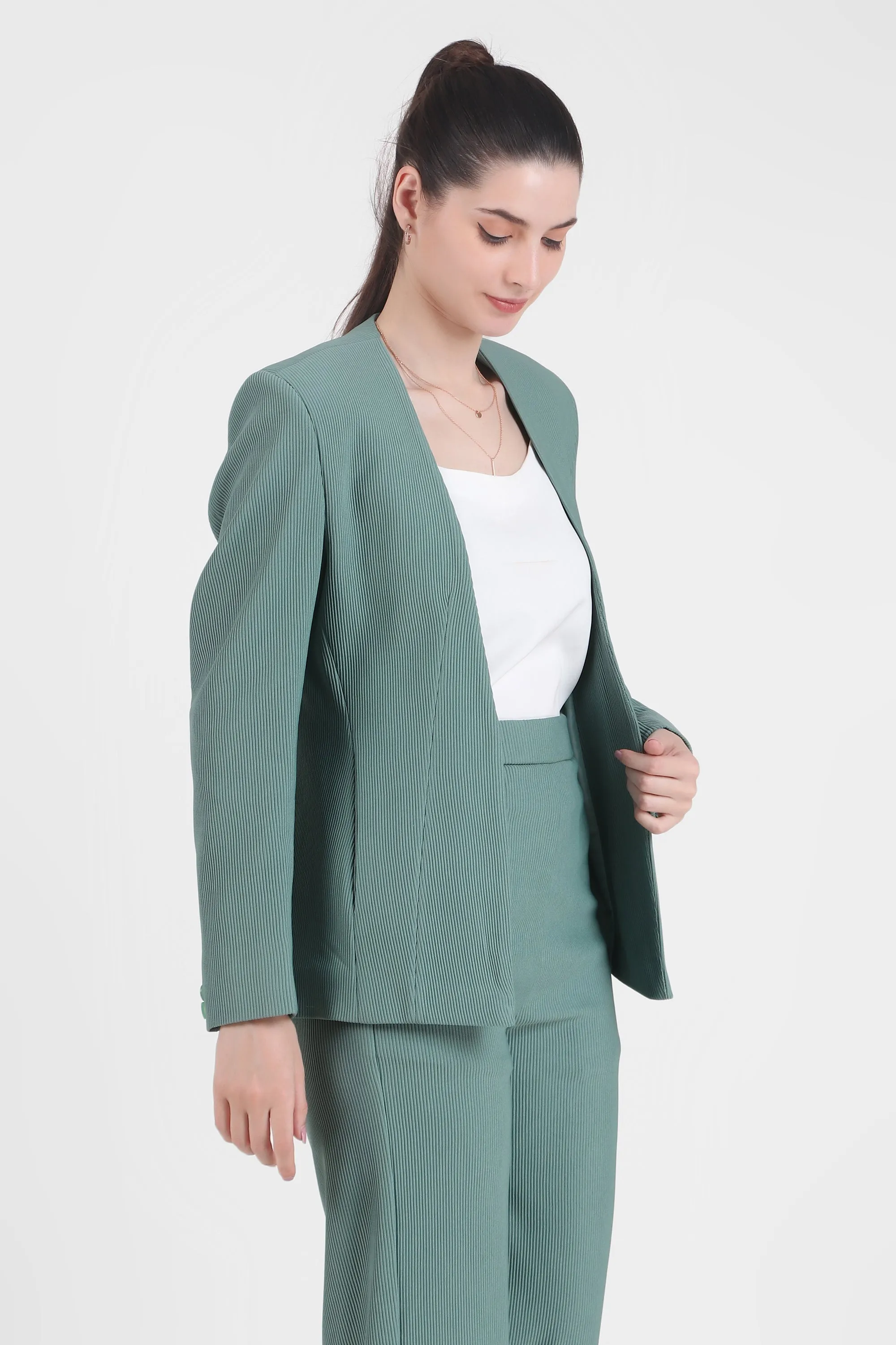 Front Open Style Cord Crepe Blazer, Sea Green