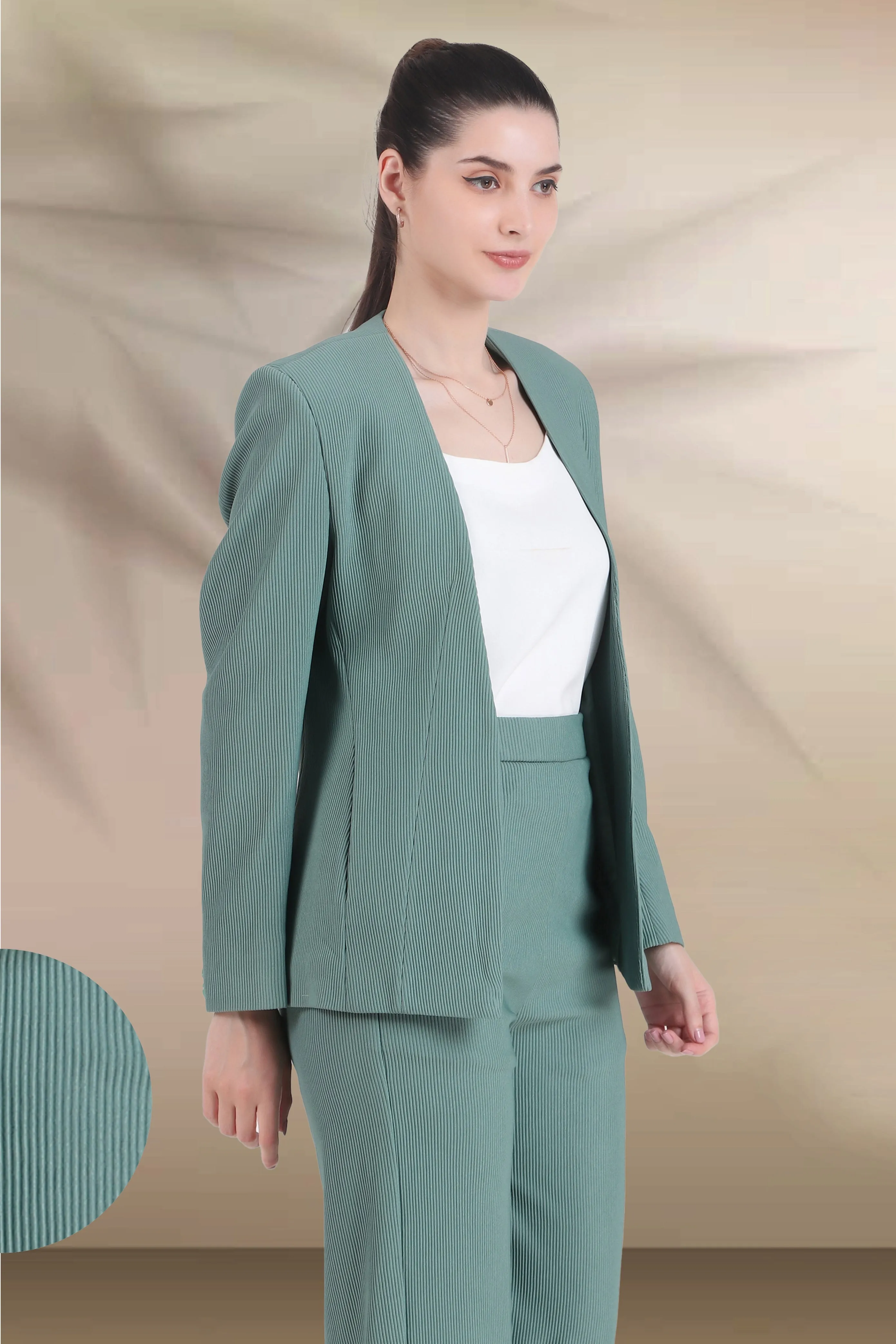 Front Open Style Cord Crepe Blazer, Sea Green