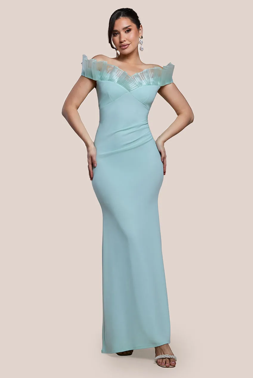 Goddiva Fan Pleated Bardot Scuba Crepe Maxi Dress