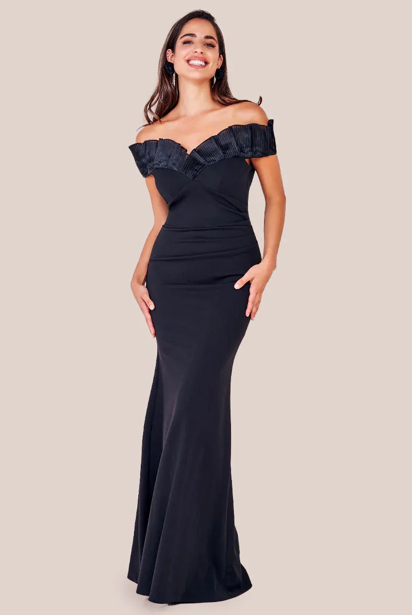 Goddiva Fan Pleated Bardot Scuba Crepe Maxi Dress