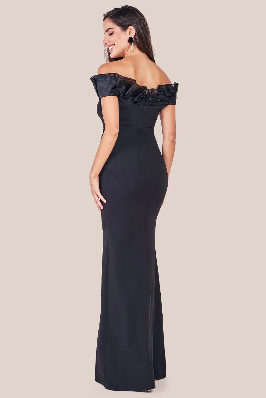 Goddiva Fan Pleated Bardot Scuba Crepe Maxi Dress