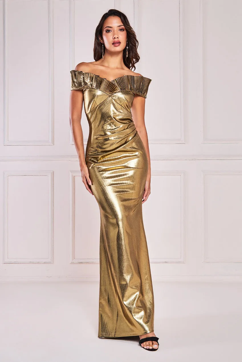Goddiva Fan Pleated Bardot Scuba Crepe Maxi Dress