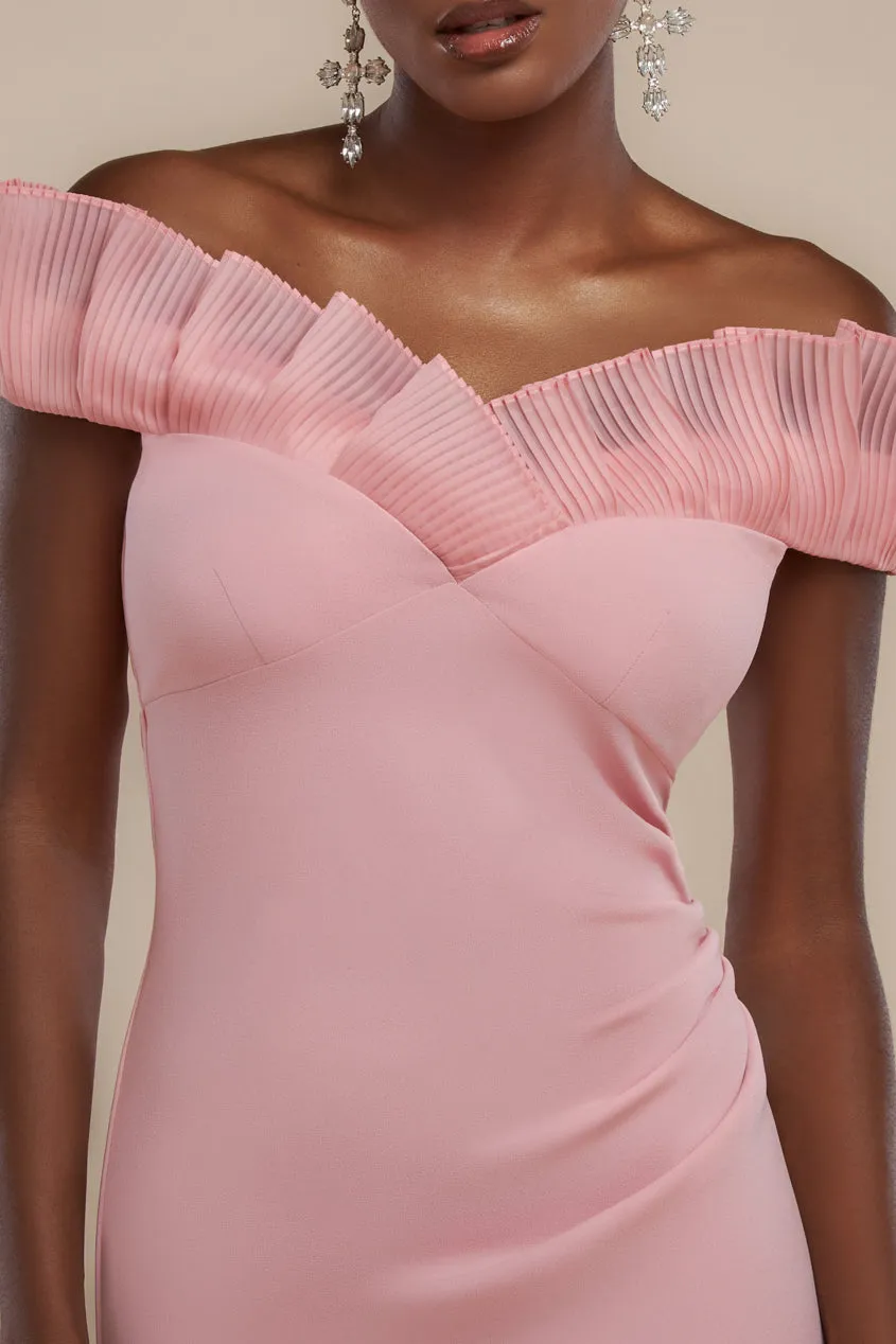 Goddiva Fan Pleated Bardot Scuba Crepe Maxi Dress