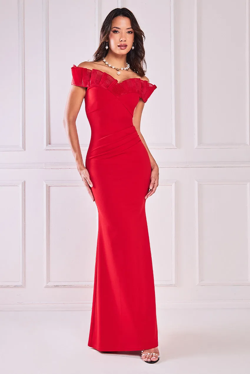 Goddiva Fan Pleated Bardot Scuba Crepe Maxi Dress