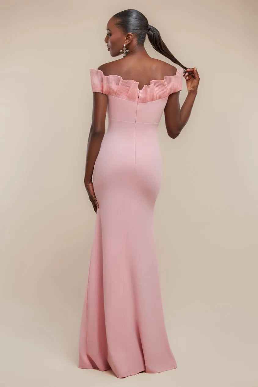 Goddiva Fan Pleated Bardot Scuba Crepe Maxi Dress