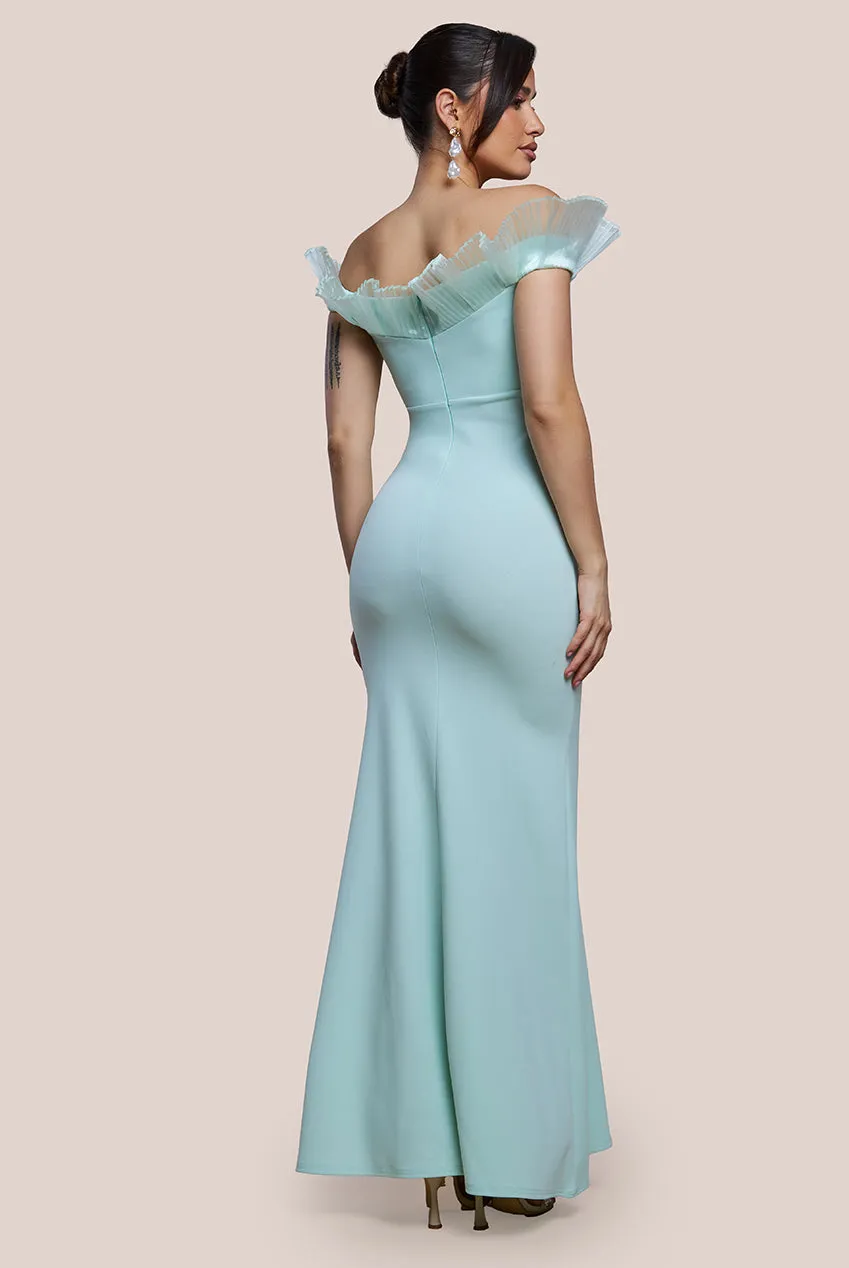 Goddiva Fan Pleated Bardot Scuba Crepe Maxi Dress