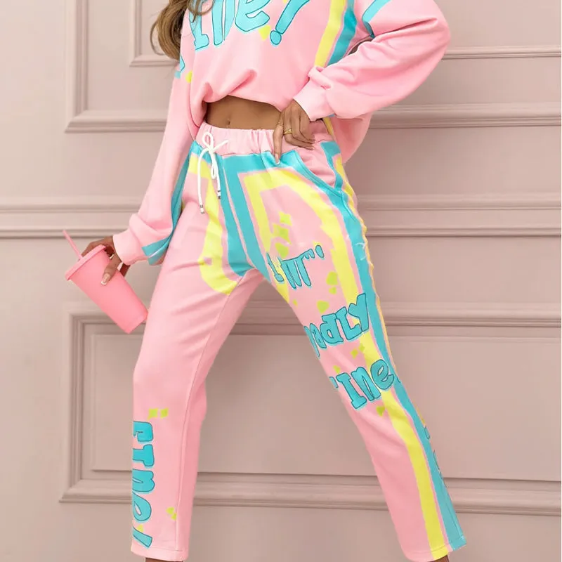 Limited Sale 50% OFFWomen's Colorful Print Two-Piece Sweatshirt and Jogger Set