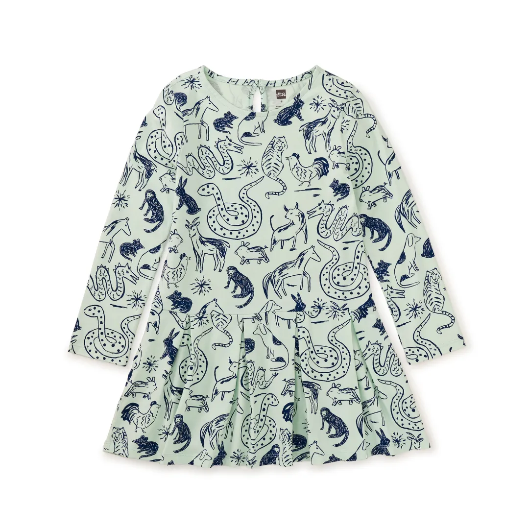 Long Sleeve Pleated Skater Dress - Sketched Lunar New Year Animal by Tea Collection