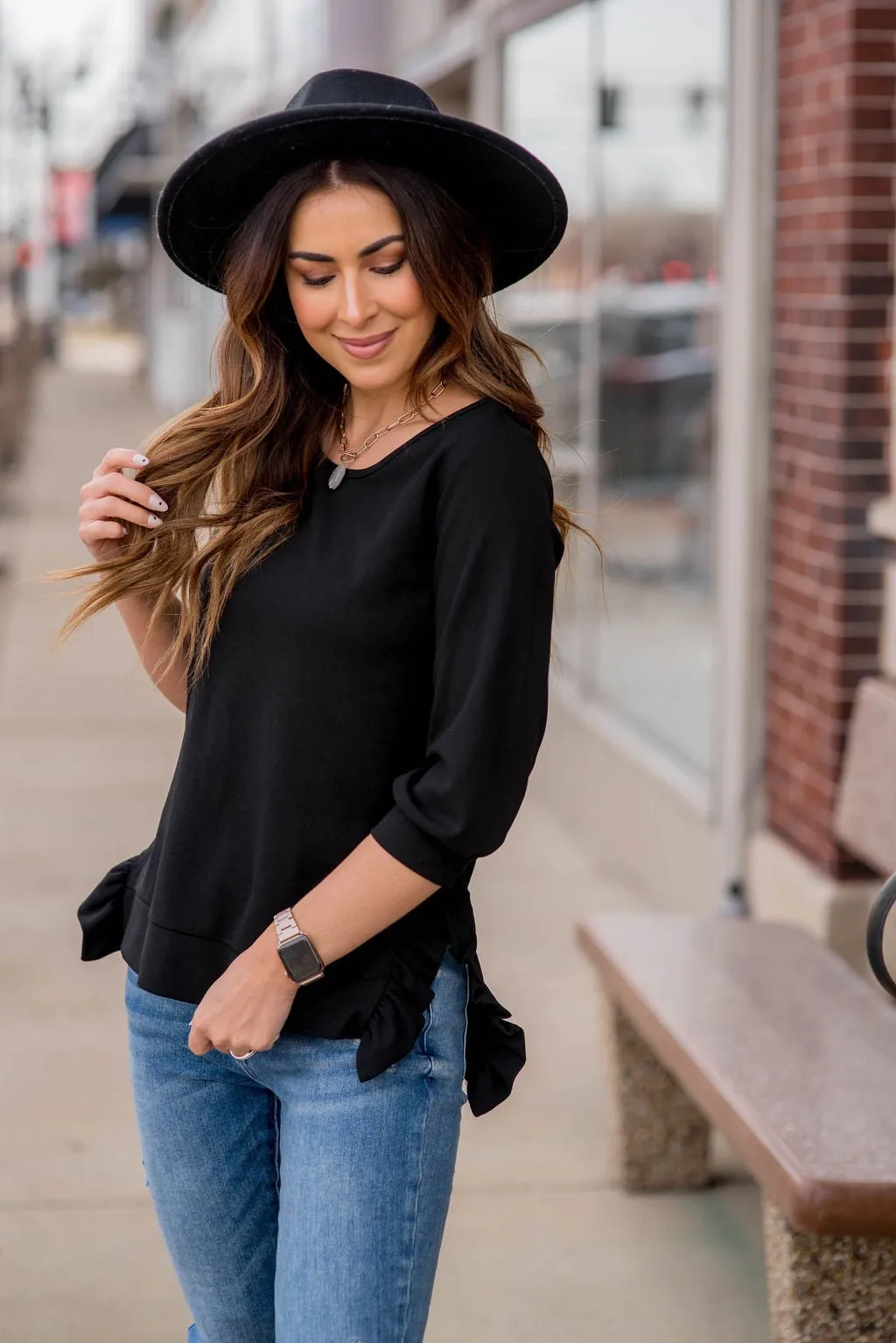Ruffle Side Slit 3/4 Sleeve Tee