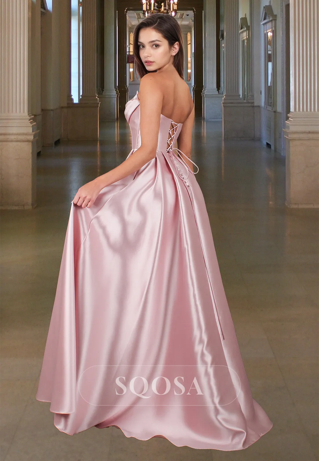 Scoop-Neck Off-Shoulder Sleeveless A-Line Prom Dress Beaded Pleated Satin Slit Evening Dress