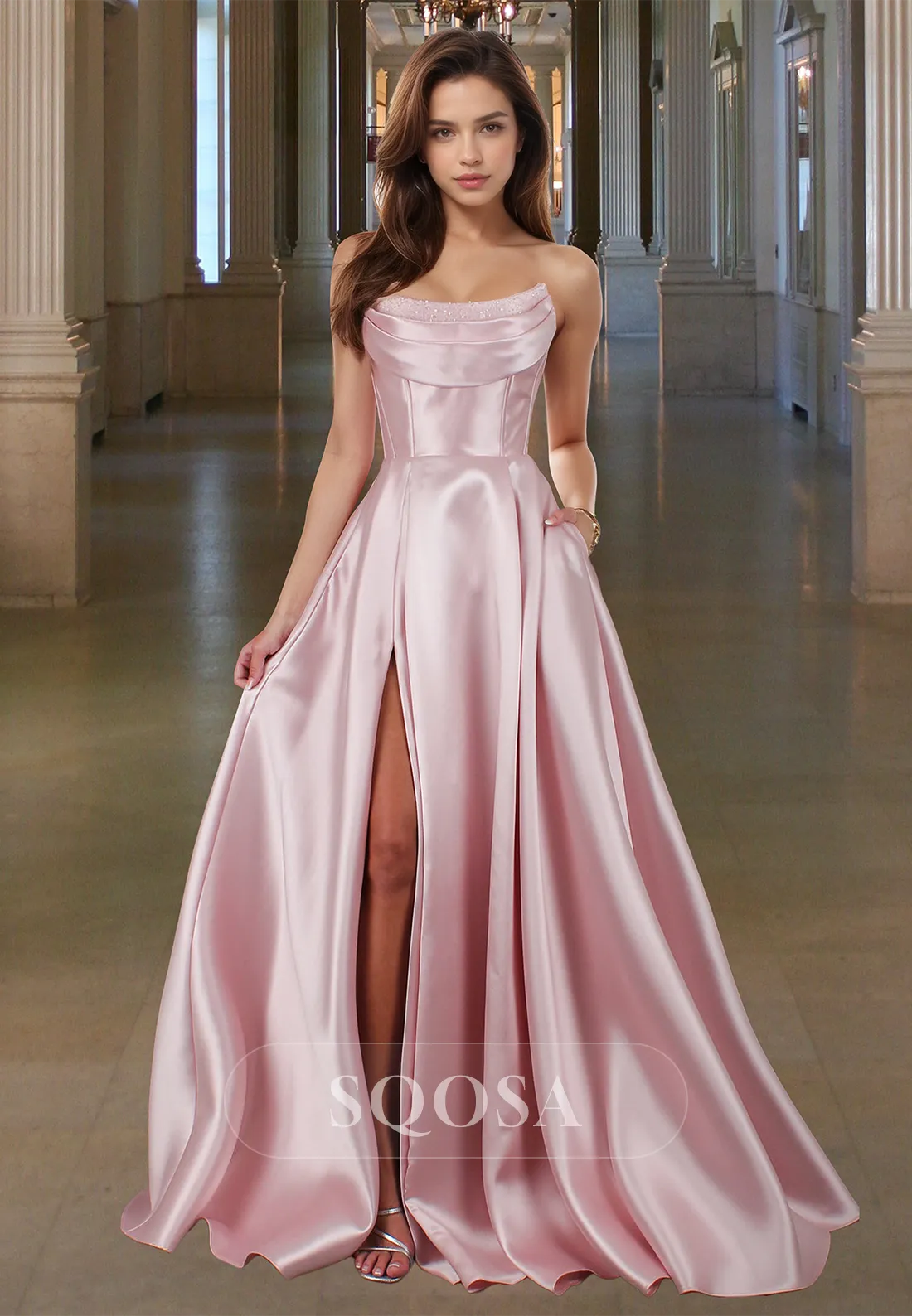 Scoop-Neck Off-Shoulder Sleeveless A-Line Prom Dress Beaded Pleated Satin Slit Evening Dress