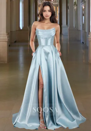 Scoop-Neck Off-Shoulder Sleeveless A-Line Prom Dress Beaded Pleated Satin Slit Evening Dress