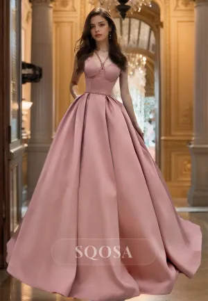 Straps Off-Shoulder Sleeveless Pleated Party Gowns V-Neck Beaded Satin A-Line Prom Dress with Train