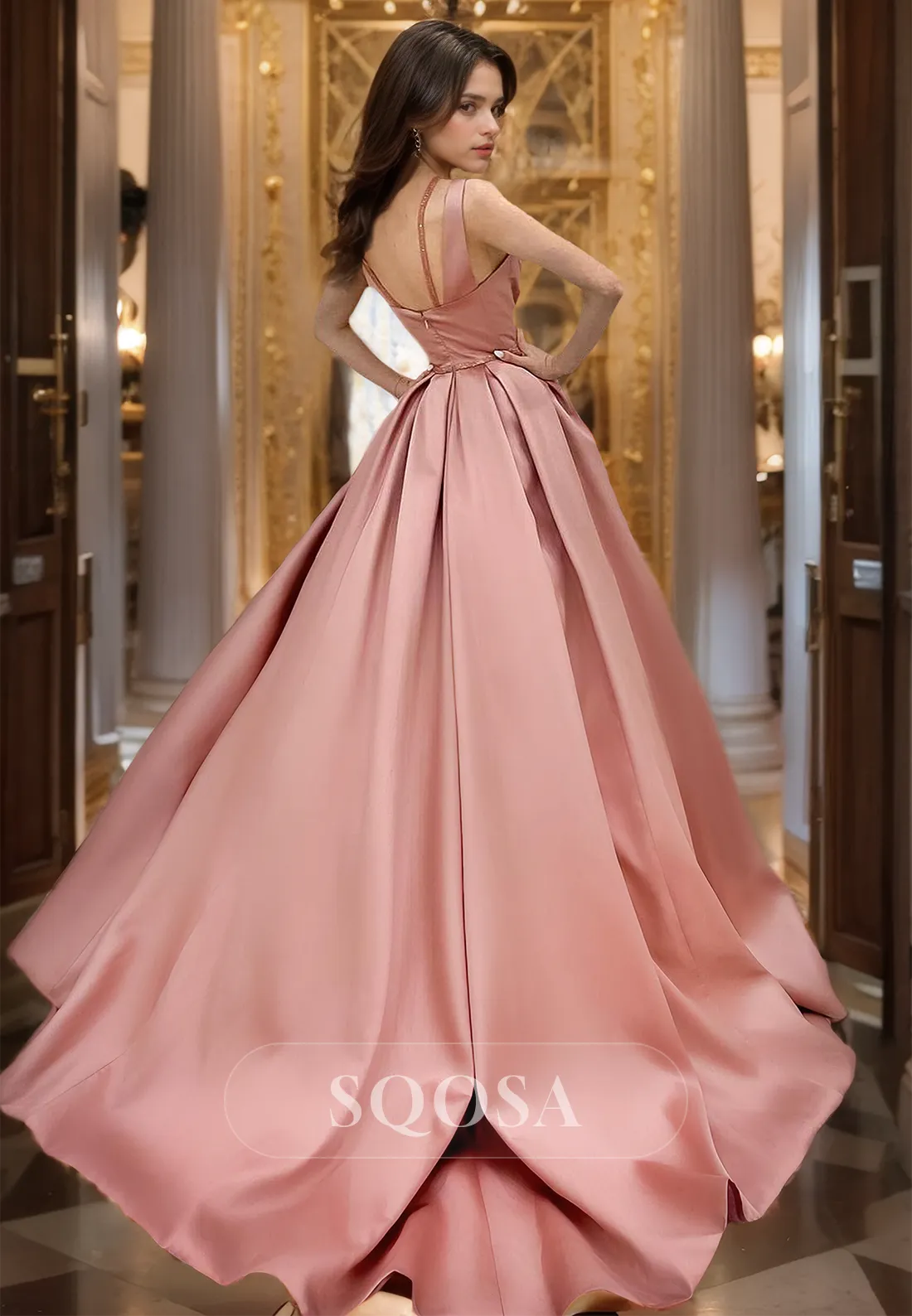 Straps Off-Shoulder Sleeveless Pleated Party Gowns V-Neck Beaded Satin A-Line Prom Dress with Train