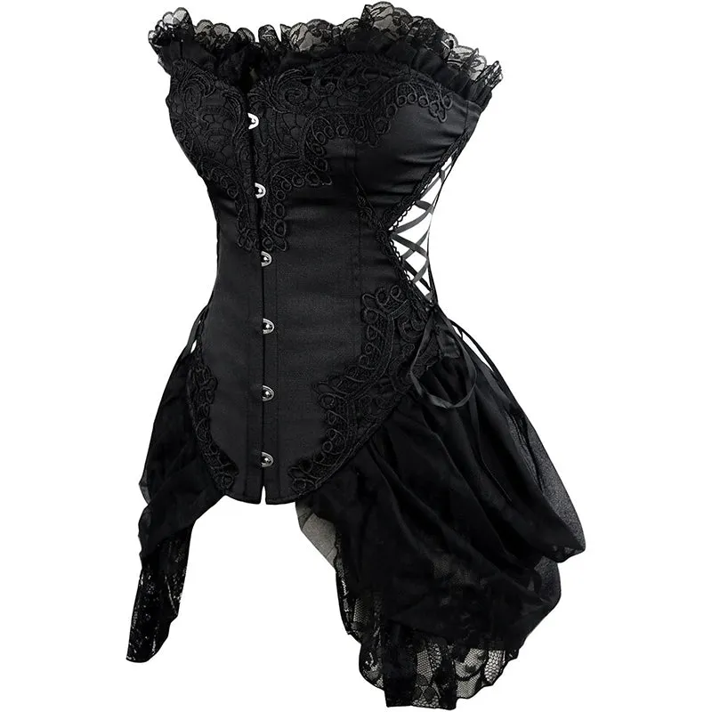 Women's Strapless Floral Embroidery Gothic Renaissance Corset with Lace Skirt